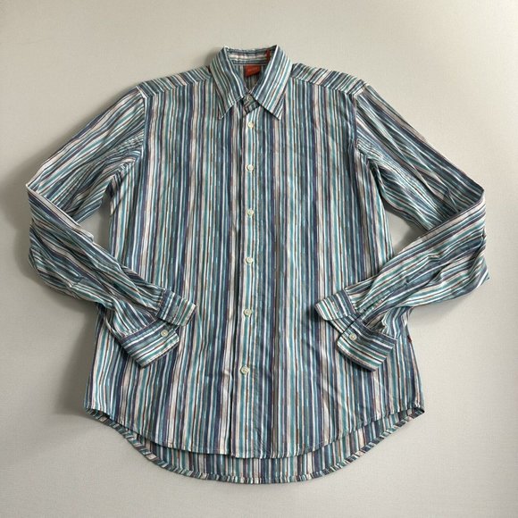 Hugo Boss Orange Label Shirt Mens Size Medium Blue Striped Button Up Long Sleeve - Picture 1 of 8